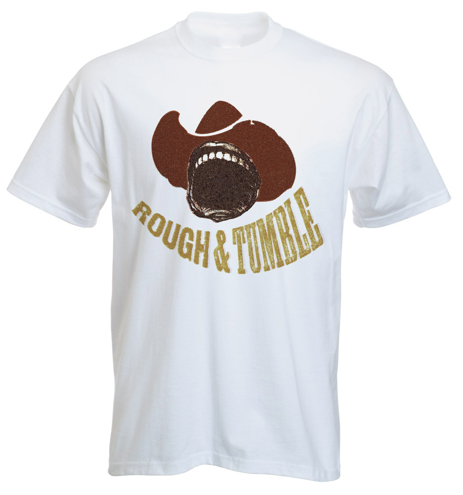 Grungy graphic with open mouth wearing cowboy hat
